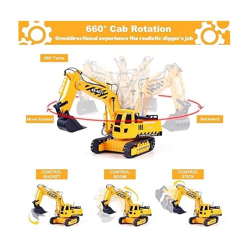  DOUBLE E Excavator Toys for Boys Remote Control Excavator 11 Channel 1:20 Construction Toys Tractor, RC Excavators Sandbox Digger Toys Gifts for Boys 4-12 Years