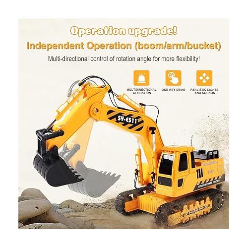  DOUBLE E Excavator Toys for Boys Remote Control Excavator 11 Channel 1:20 Construction Toys Tractor, RC Excavators Sandbox Digger Toys Gifts for Boys 4-12 Years