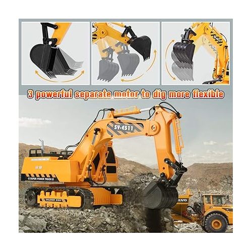  DOUBLE E Excavator Toys for Boys Remote Control Excavator 11 Channel 1:20 Construction Toys Tractor, RC Excavators Sandbox Digger Toys Gifts for Boys 4-12 Years