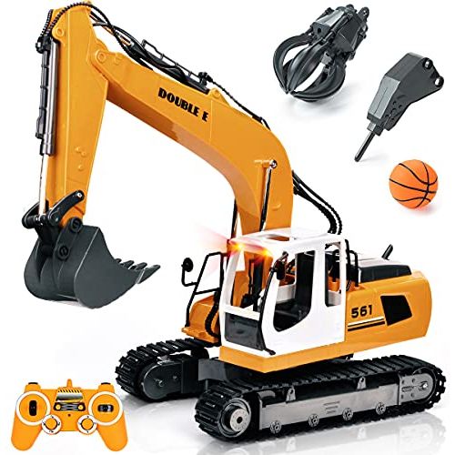  DOUBLE E Remote Control Truck RC Excavator Toy 17 Channel 3 in 1 Claw Drill Metal Shovel Real Hydraulic Electric RC Construction Vehicle with Working Lights