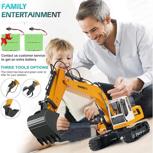  DOUBLE E Remote Control Truck RC Excavator Toy 17 Channel 3 in 1 Claw Drill Metal Shovel Real Hydraulic Electric RC Construction Vehicle with Working Lights