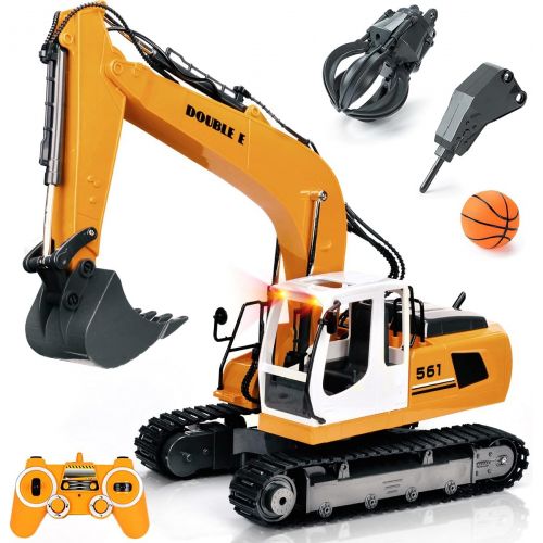  DOUBLE E Remote Control Truck RC Excavator Toy 17 Channel 3 in 1 Claw Drill Metal Shovel Real Hydraulic Electric RC Construction Vehicle with Working Lights