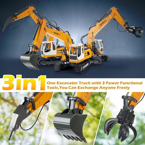  DOUBLE E Remote Control Truck RC Excavator Toy 17 Channel 3 in 1 Claw Drill Metal Shovel Real Hydraulic Electric RC Construction Vehicle with Working Lights