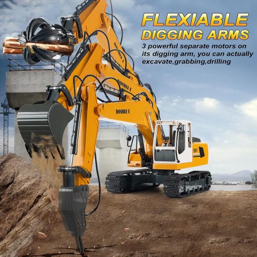  DOUBLE E Remote Control Truck RC Excavator Toy 17 Channel 3 in 1 Claw Drill Metal Shovel Real Hydraulic Electric RC Construction Vehicle with Working Lights