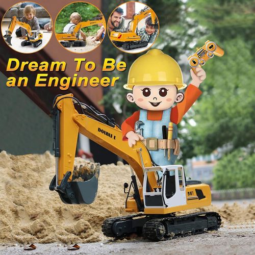  DOUBLE E Remote Control Truck RC Excavator Toy 17 Channel 3 in 1 Claw Drill Metal Shovel Real Hydraulic Electric RC Construction Vehicle with Working Lights