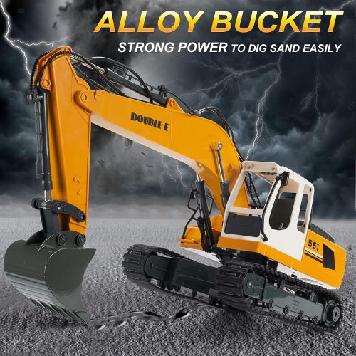  DOUBLE E Remote Control Truck RC Excavator Toy 17 Channel 3 in 1 Claw Drill Metal Shovel Real Hydraulic Electric RC Construction Vehicle with Working Lights