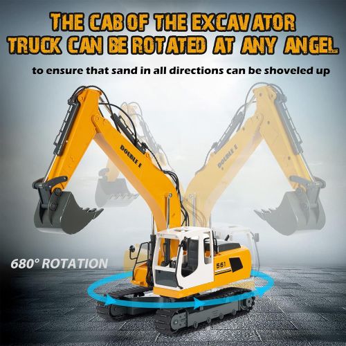  DOUBLE E Remote Control Truck RC Excavator Toy 17 Channel 3 in 1 Claw Drill Metal Shovel Real Hydraulic Electric RC Construction Vehicle with Working Lights