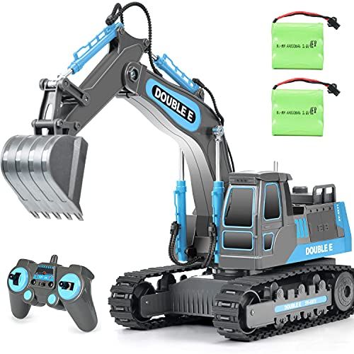  DOUBLE E Remote Control Excavator Toy 2 Batteries Digger Hydraulic Construction Vehicles RC Trucks Toys for Boys Girls Kids 3 4 5 6 7 8 9 10 Year, Gray Blue