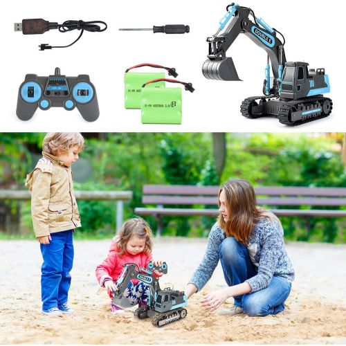  DOUBLE E Remote Control Excavator Toy 2 Batteries Digger Hydraulic Construction Vehicles RC Trucks Toys for Boys Girls Kids 3 4 5 6 7 8 9 10 Year, Gray Blue