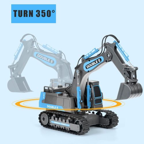  DOUBLE E Remote Control Excavator Toy 2 Batteries Digger Hydraulic Construction Vehicles RC Trucks Toys for Boys Girls Kids 3 4 5 6 7 8 9 10 Year, Gray Blue