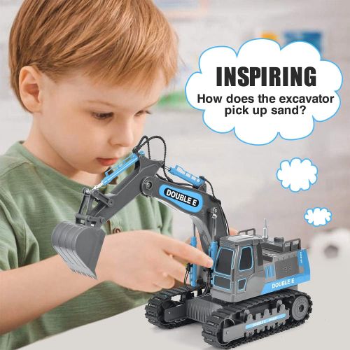  DOUBLE E Remote Control Excavator Toy 2 Batteries Digger Hydraulic Construction Vehicles RC Trucks Toys for Boys Girls Kids 3 4 5 6 7 8 9 10 Year, Gray Blue