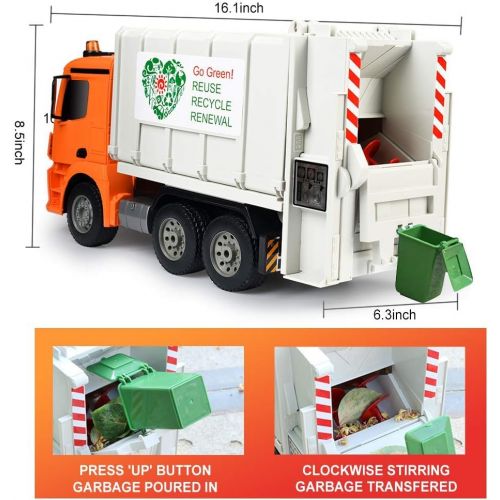  DOUBLE E Benz Licensed Remote Control Garbage Truck Electric Recycling Toy Set with Trash Bin Real Lights Rechargeable Waste Management Trash Truck Toys Gift for Kids