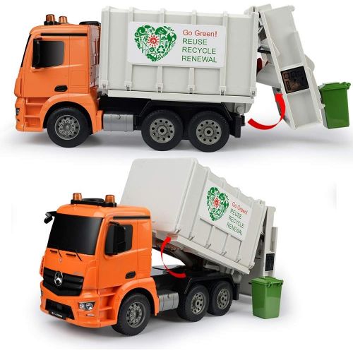  DOUBLE E Benz Licensed Remote Control Garbage Truck Electric Recycling Toy Set with Trash Bin Real Lights Rechargeable Waste Management Trash Truck Toys Gift for Kids