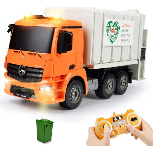  DOUBLE E Benz Licensed Remote Control Garbage Truck Electric Recycling Toy Set with Trash Bin Real Lights Rechargeable Waste Management Trash Truck Toys Gift for Kids