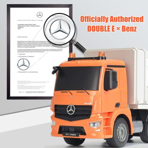  DOUBLE E Benz Licensed Remote Control Garbage Truck Electric Recycling Toy Set with Trash Bin Real Lights Rechargeable Waste Management Trash Truck Toys Gift for Kids