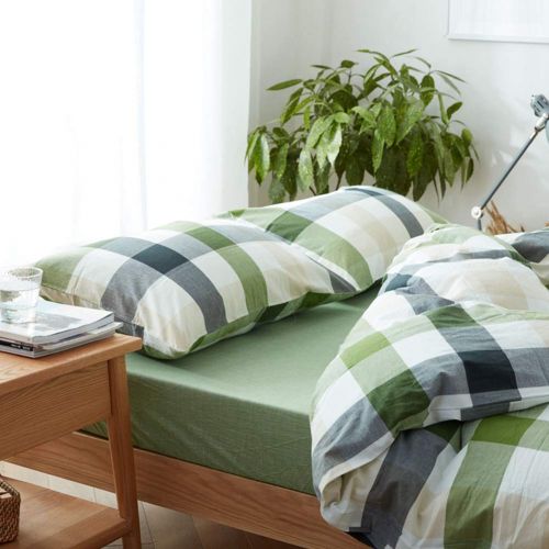  DOUH Washed Cotton Duvet Cover Queen(90x90 inch), 3 Piece(1 Duvet Cover, 2 Pillowcases) Grid Patterns Green Duvet Cover Sets, Simple Style Bedding Set for Kids, Boys and Girls