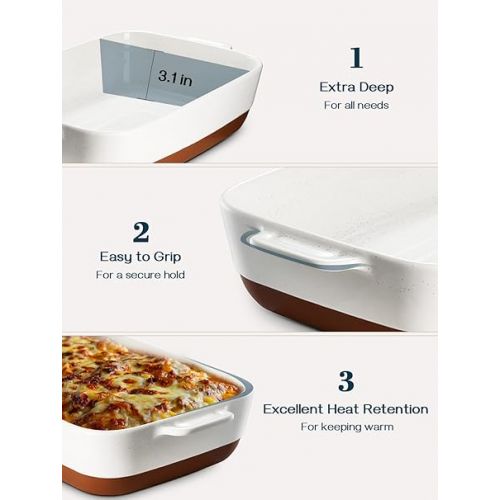  DOWAN Ceramic Baking Dish, 9x13 Deep Lasagna Pan, Large Casserole Dish with Handles, 4.3 Quarts Durable and Oven Safe Pan, for Roasting and Baking, Alabaster White