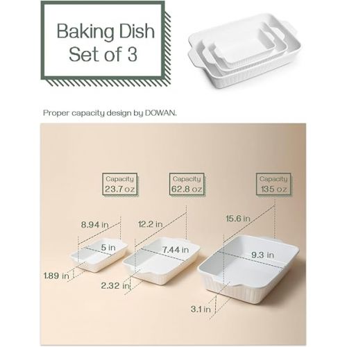  DOWAN Casserole Dishes for Oven, Ceramic Baking Dishes for Oven Set of 3, Lasagna Pan Deep, Baking Pan Set Rectangular Casserole Dish Set with Handles for Baking, White (15.6''/12.2''/8.9'')