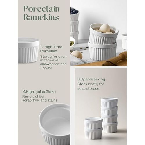  DOWAN 8 oz Ramekins for Creme Brulee Porcelain Ramekins Oven Safe, Classic Style Ramekins for Baking Souffle Ramekins Bowls, Set of 6, White