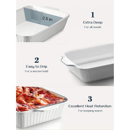  DOWAN Casserole Dish, 9x13 Ceramic Baking Dish, Large Lasagna Pan Deep for Oven, 4.2 Quarts Baking Pan with Handles, Oven Safe and Durable Bakeware for Lasagna, Wedding Gift, White