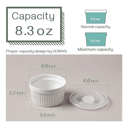  DOWAN Ramekins 8 oz Oven Safe with Lids, Creme brulee Ramekins Bowls with Covers, Porcelain White Ramekins Souffle Dishes for Baking, Stackable, Set of 6