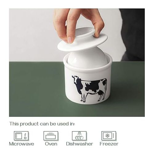  DOWAN Porcelain Butter Keeper Crock, French Butter Dish with Lid, Cow Butter Dish, No More Hard Butter, White