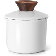 DOWAN Butter Crock for Counter, French Butter Keeper Crock with Water, Ceramic Airtight Butter Dish with Wood Knob Lid for Soft Butter, White