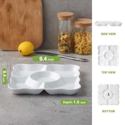  DOWAN 9.4-inch Porcelain Divided Serving Trays/Square Serving Platters with Scalloped Rim, Set of 2,White