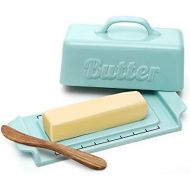 DOWAN Butter Dish with Lid - Covered Butter Dish with Wooden Knife and Groove Design, Large Porcelain Butter Dishes with Covers, Perfect for East/West Butter, Blue