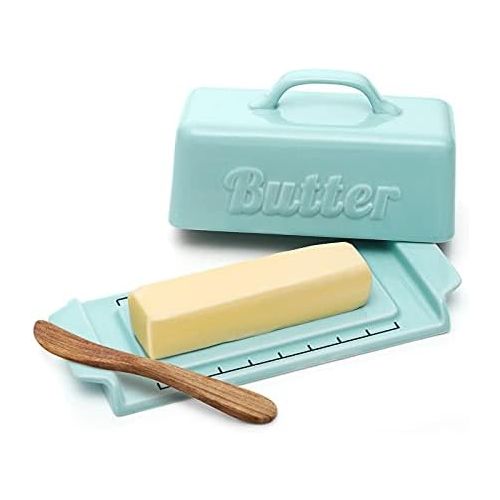  DOWAN Butter Dish with Lid - Covered Butter Dish with Wooden Knife and Groove Design, Large Porcelain Butter Dishes with Covers, Perfect for East/West Butter, Blue