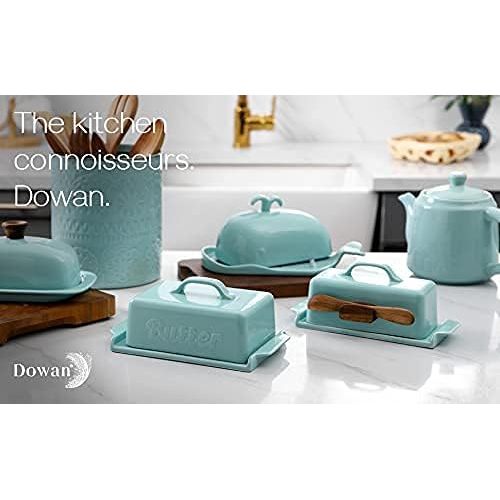  DOWAN Butter Dish with Lid - Covered Butter Dish with Wooden Knife and Groove Design, Large Porcelain Butter Dishes with Covers, Perfect for East/West Butter, Blue