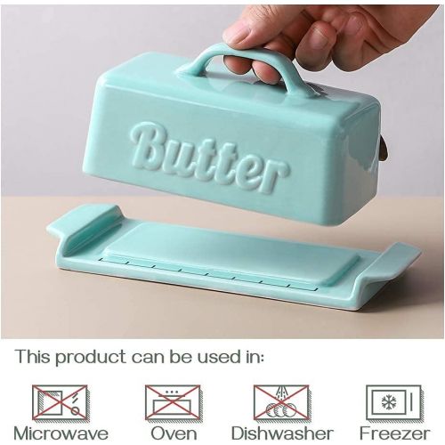  DOWAN Butter Dish with Lid - Covered Butter Dish with Wooden Knife and Groove Design, Large Porcelain Butter Dishes with Covers, Perfect for East/West Butter, Blue