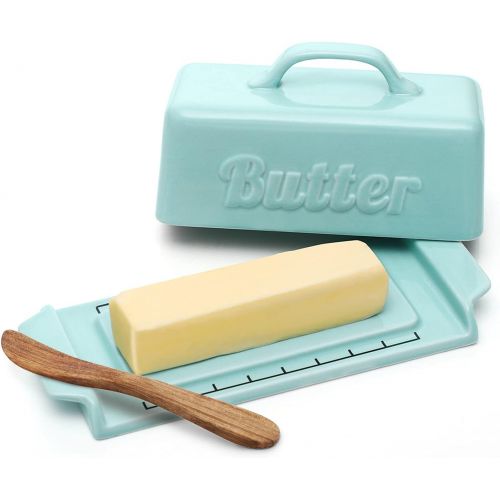  DOWAN Butter Dish with Lid - Covered Butter Dish with Wooden Knife and Groove Design, Large Porcelain Butter Dishes with Covers, Perfect for East/West Butter, Blue