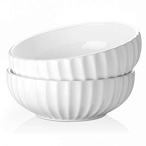  DOWAN 2.7 Quart Porcelain Salad, Soup, Pasta Bowls, Large Serving Bowl Set, Anti Slip and Stackable, 2 Packs, White