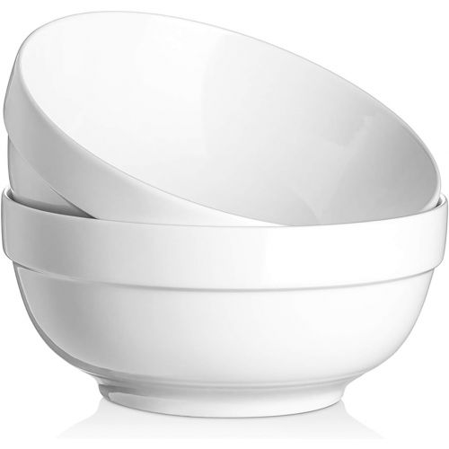  DOWAN 2 Quarts Porcelain Serving Bowls, Large Big Bowls for Soup, Salad, Cereal and Pasta, Set of 2, White, Deep, Stackable