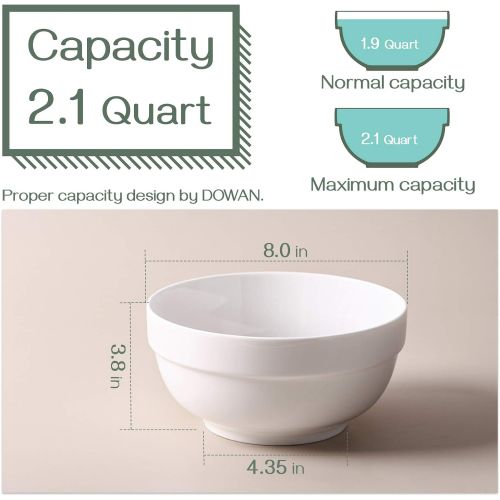  DOWAN 2 Quarts Porcelain Serving Bowls, Large Big Bowls for Soup, Salad, Cereal and Pasta, Set of 2, White, Deep, Stackable