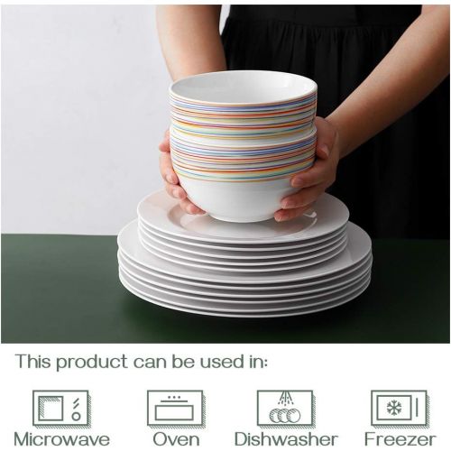  [아마존베스트]DOWAN Deep Cereal Bowls, 30 Ounce Salad Serving Bowls, Ceramic Soup Bowls for Oatmeal, Ramen Bowls for Kitchen, Microwave and Dishwasher Safe, Set of 4, White with Rainbow Stripes