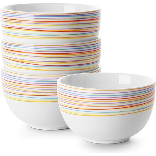  [아마존베스트]DOWAN Deep Cereal Bowls, 30 Ounce Salad Serving Bowls, Ceramic Soup Bowls for Oatmeal, Ramen Bowls for Kitchen, Microwave and Dishwasher Safe, Set of 4, White with Rainbow Stripes