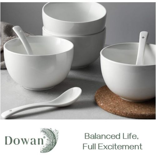  [아마존베스트]DOWAN Soup Bowls and Spoons Set, 30 Ounces Ramen Bowls with Spoons, Ceramic Deep Cereal Bowl for Kitchen, Large Bowls Microwave Safe for Soup, White, Set of 4
