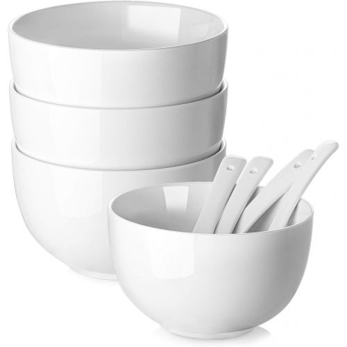  [아마존베스트]DOWAN Soup Bowls and Spoons Set, 30 Ounces Ramen Bowls with Spoons, Ceramic Deep Cereal Bowl for Kitchen, Large Bowls Microwave Safe for Soup, White, Set of 4