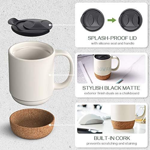  [아마존베스트]DOWAN Coffee Mugs Set of 2, 15 OZ Ceramic Mug with Insulated Cork Bottom and Splash Proof Lid, Large Coffee Mug with Handle for Men, Women, Beige