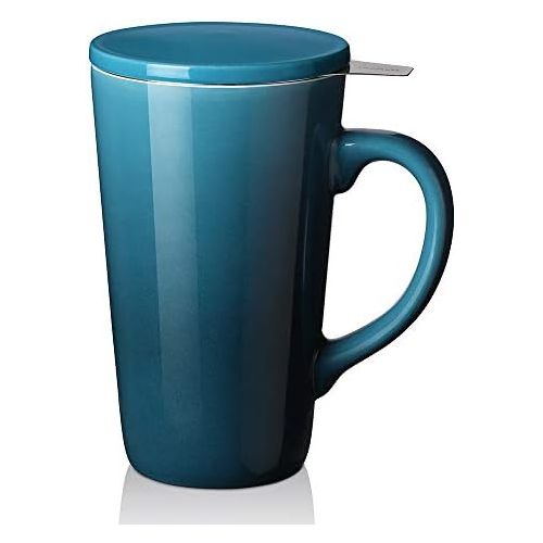  [아마존베스트]DOWAN Tea Cups with Infuser and Lid, 17 Ounces Large Tea infuser Mug, Tea Strainer Cup with Tea Bag Holder for Loose Tea, Ceramic Tea Steeping Mug, Blue Color Changing