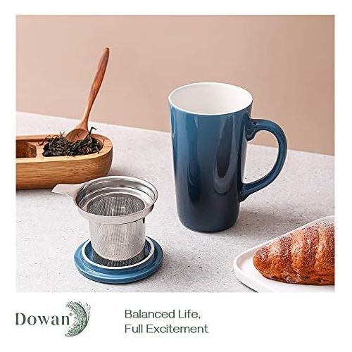  [아마존베스트]DOWAN Tea Cups with Infuser and Lid, 17 Ounces Large Tea infuser Mug, Tea Strainer Cup with Tea Bag Holder for Loose Tea, Ceramic Tea Steeping Mug, Blue Color Changing