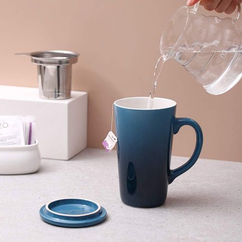  [아마존베스트]DOWAN Tea Cups with Infuser and Lid, 17 Ounces Large Tea infuser Mug, Tea Strainer Cup with Tea Bag Holder for Loose Tea, Ceramic Tea Steeping Mug, Blue Color Changing