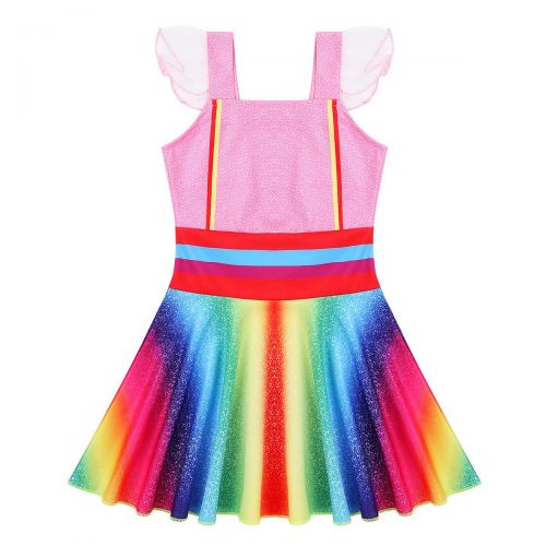  DPois dPois Kids Girls Fancy Halloween Birthday Party Cosplay Costume Flying Sleeves Rainbow Princess Dress