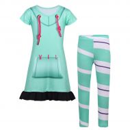 DPois dPois Kids Girls Cartoon Princess Halloween Birthday Fancy Dress Up Top Dress with Leggings Cosplay Outfits Set Mint Blue 5-6