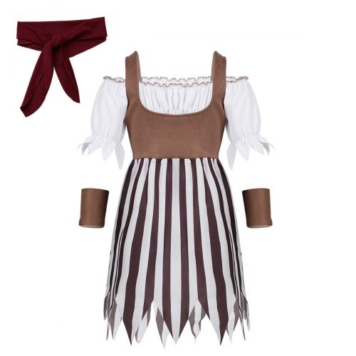  DPois dPois Kids Girls Little Princess Pirate Costumes Off Shoulder Dress with Head Scarf Wristband Halloween 3PCS Set Brown 6-8