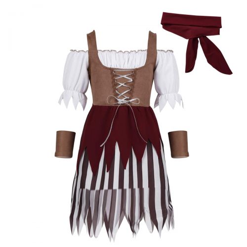  DPois dPois Kids Girls Little Princess Pirate Costumes Off Shoulder Dress with Head Scarf Wristband Halloween 3PCS Set Brown 6-8