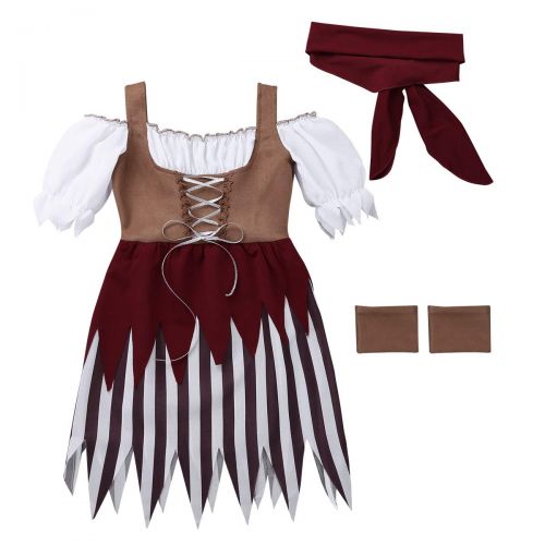  DPois dPois Kids Girls Little Princess Pirate Costumes Off Shoulder Dress with Head Scarf Wristband Halloween 3PCS Set Brown 6-8