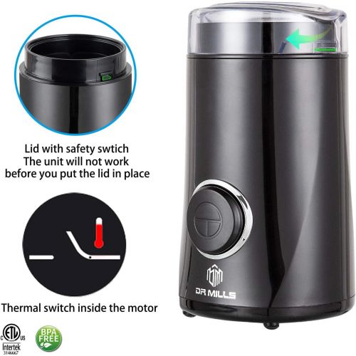  DR MILLS DM-7441B Electric Dried Spice and Coffee Grinder, Blade & cup made with SUS304 stianlees steel（Shiny Black）